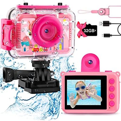 Discount GKTZ Kids Waterproof Camera – 180 Rotatable 1080P HD Children Digital Action Camera Underwater Camera with 32GB SD Card, Birthday Gift Toys for Girls Age 3-14