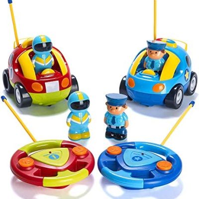 Shop 2 Pack Cartoon Remote Control Cars – Police Car and Race Car – Radio Control Toys for Kids, Boys, & Girls – Each with Different Frequencies So Both Can Race Together – Gifts for Toddler Boys Ages 2-4