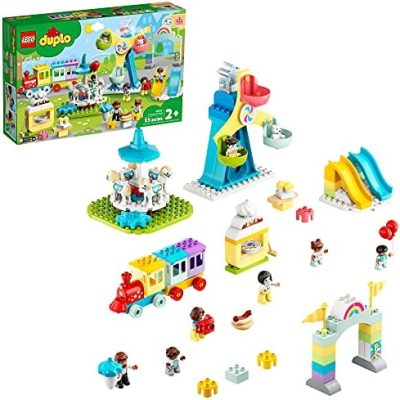 Discount LEGO DUPLO Town Amusement Park 10956 Fairground Building Toy with a Train, Ferris Wheel, Horse Carousel and More; New 2021 (95 Pieces)